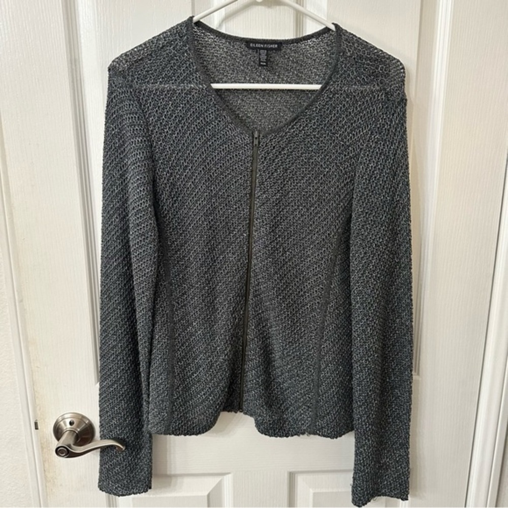 Eileen Fisher gray linen blend zip-front cardigan sweater, M